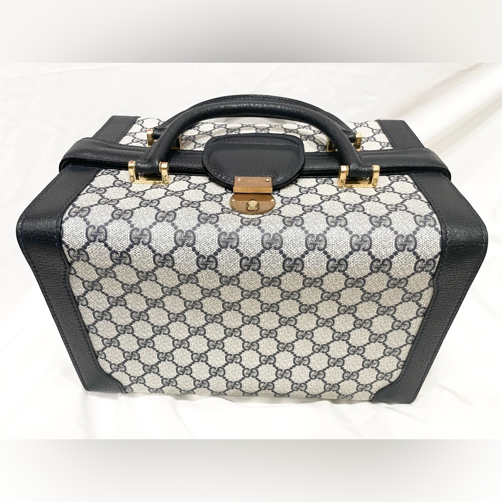 RARE GUCCI Vintage Navy Monogram Leather Canvas Top Handle Structured Train Case
